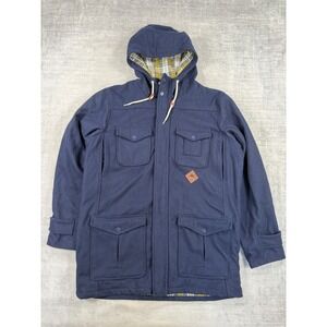 Burton Jacket Mens Large Blue Wool Blend Hooded Parka Plaid Lined Utility Coat